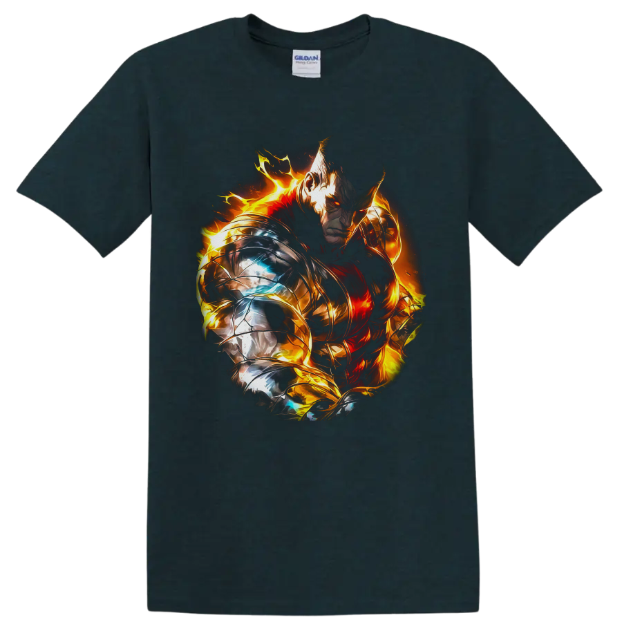 Escanor in silver and gold armor surrounded by blazing fire fantasy artwork on a Midnight (Green) T Shirt