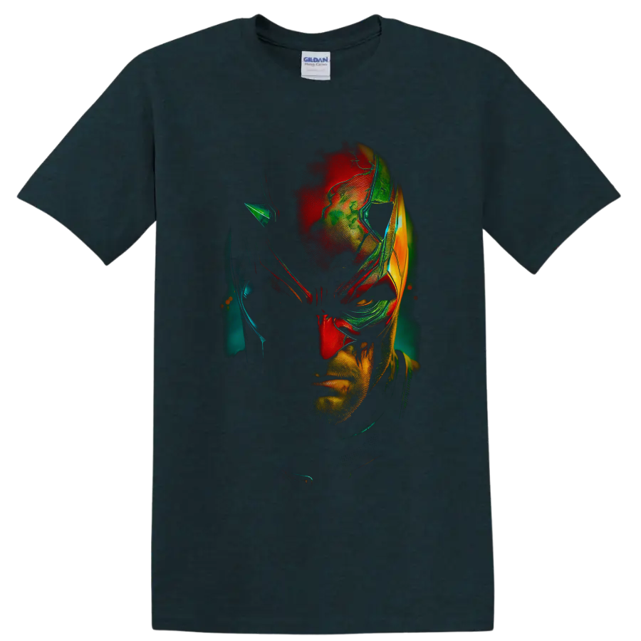 Daredevil Matt Murdock neon comic portrait with distressed red, teal, green, and gold on a Midnight (Green) T Shirt