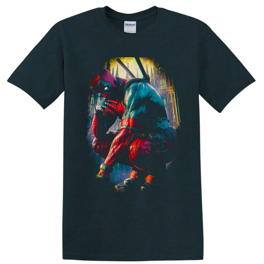 Deadpool crouching with katanas before a glowing Gothic cathedral in cinematic comic art on a Midnight (Green) T Shirt