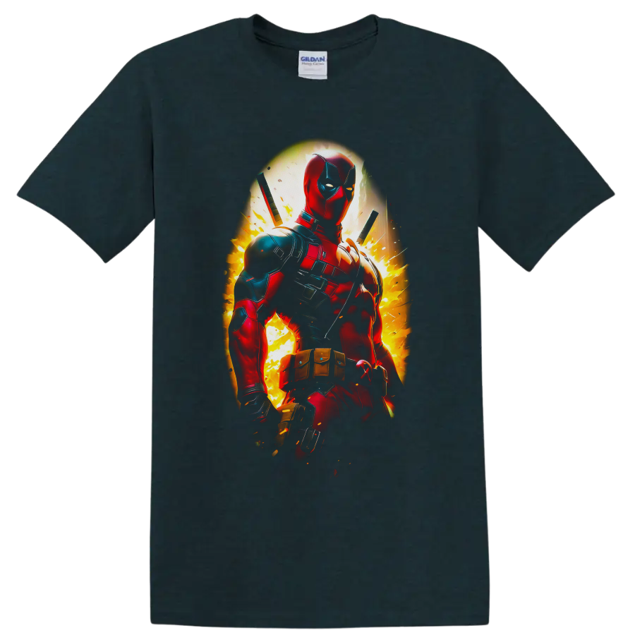 Deadpool in explosive comic action art with twin swords and fiery sparks on a Midnight (Green) T Shirt