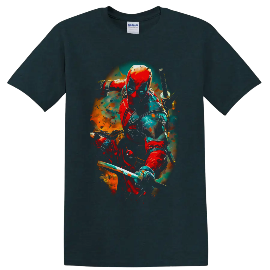 Deadpool masked with katanas in vivid red, teal, and orange comic action art on a Midnight (Green) T Shirt
