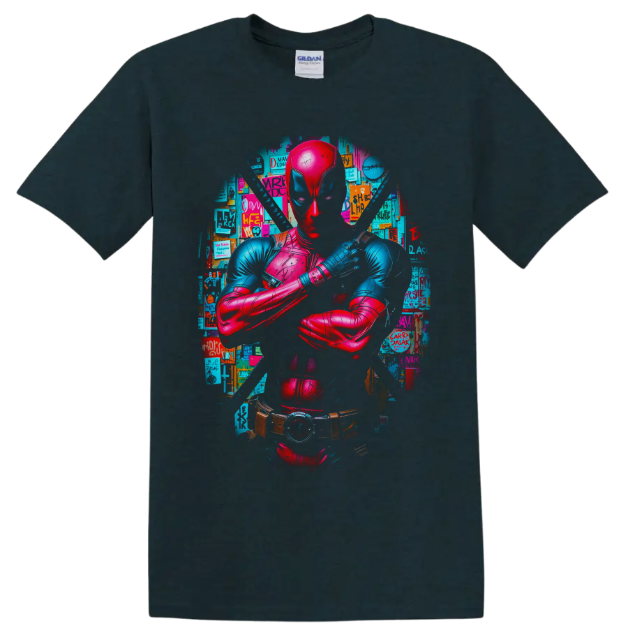 Deadpool neon comic portrait with crossed arms, twin katanas, and poster collage on a Midnight (Green) T Shirt