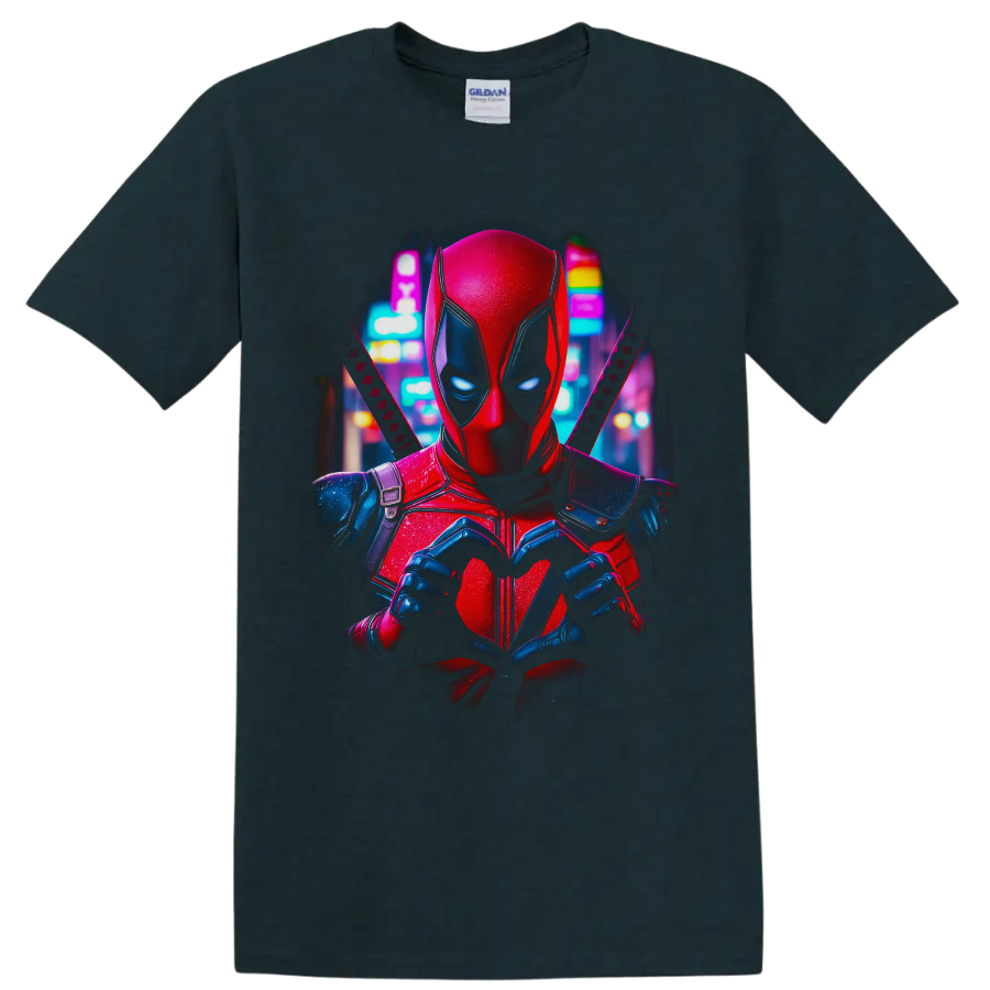 Deadpool making heart hands with crossed katanas in a neon city comic-art portrait on a Midnight (Green) T Shirt
