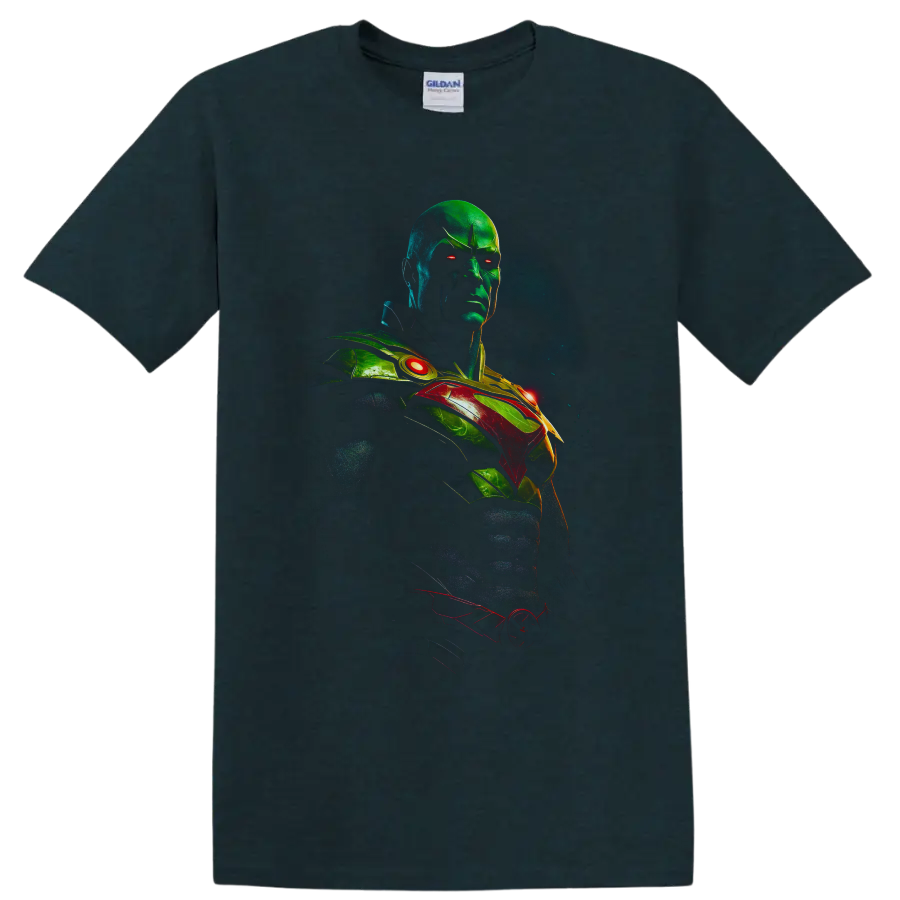 Martian Manhunter J'onn J'onzz neon cosmic superhero portrait with glowing red eyes on a Midnight (Green) T Shirt