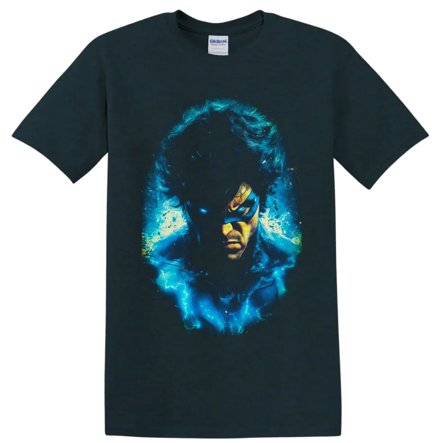 Iceman Bobby Drake portrait with electric blue ice energy and lightning effects on a Midnight (Green) T Shirt