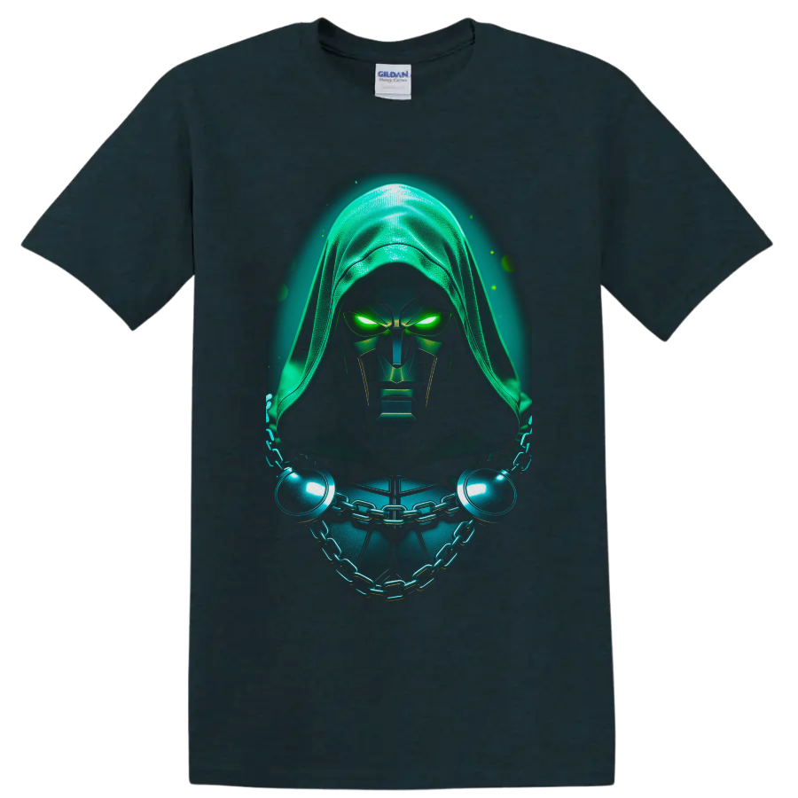 Doctor Doom in neon-green hooded armor with glowing eyes and chained chest on a Midnight (Green) T Shirt