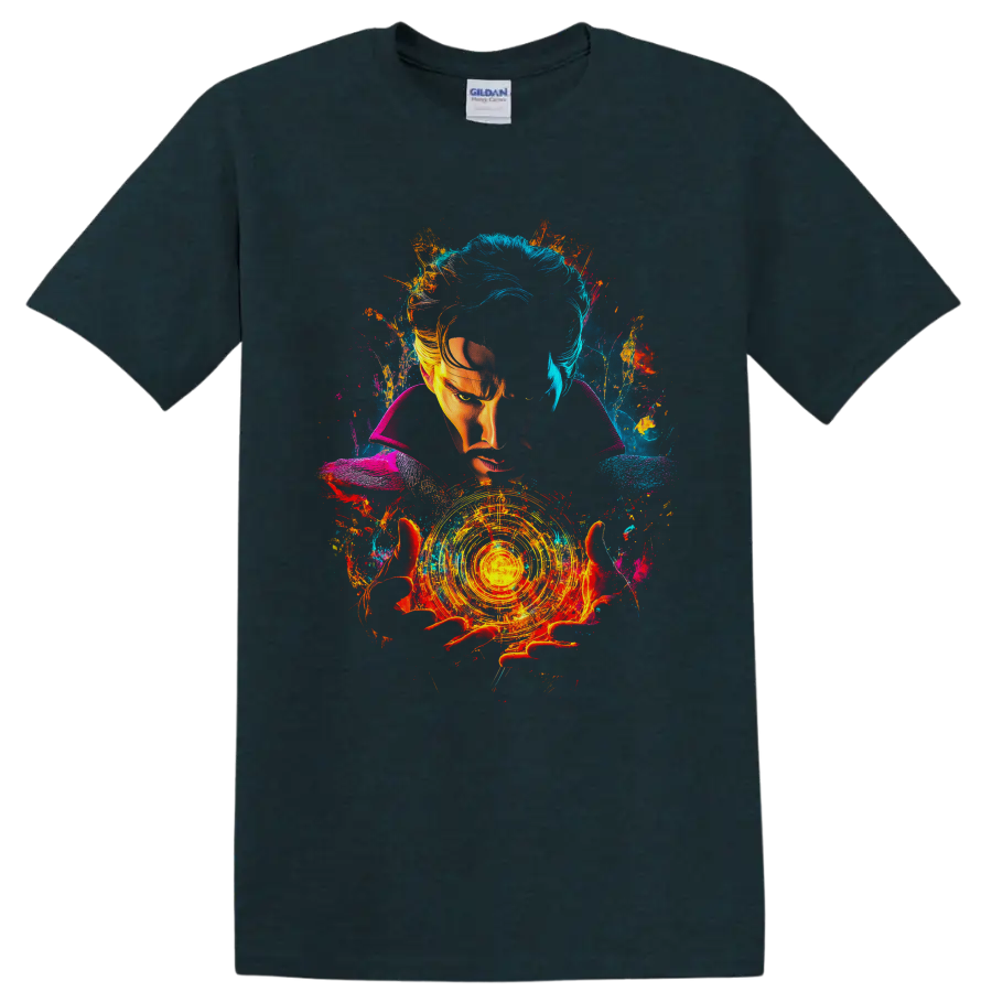 Doctor Strange portrait with glowing magic circle and vibrant cosmic paint splashes on a Midnight (Green) T Shirt