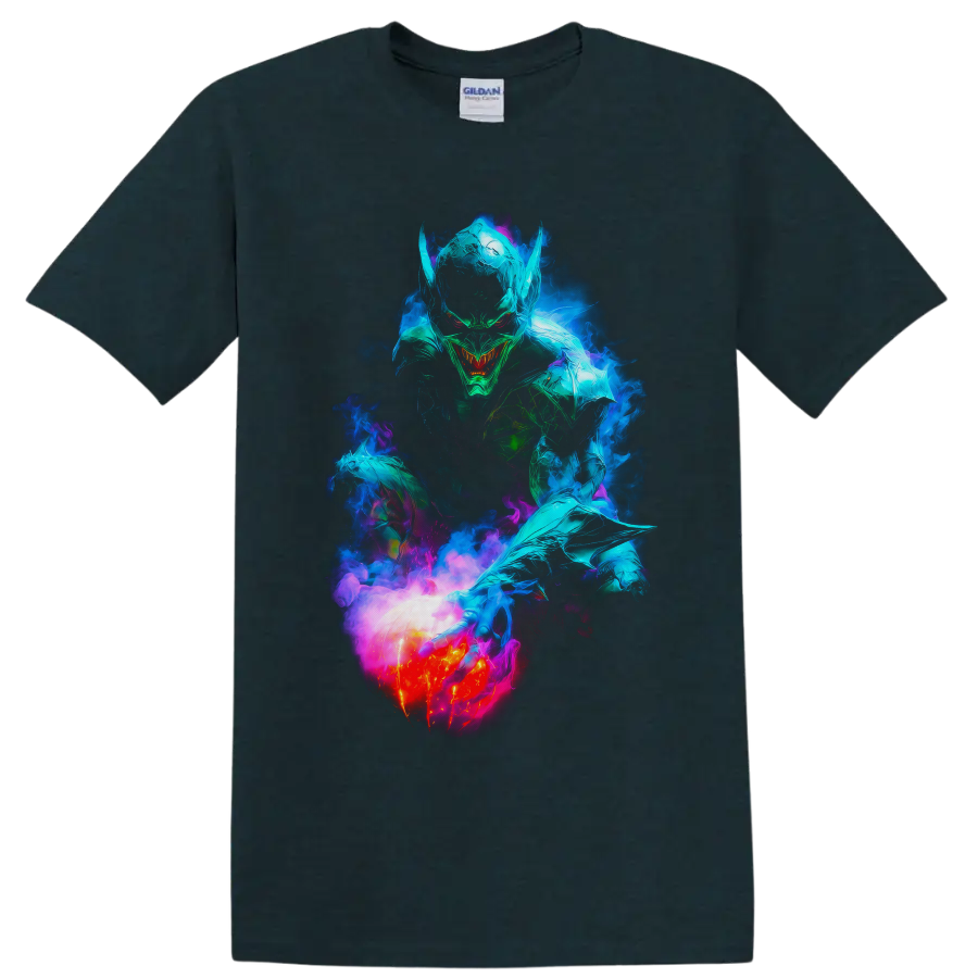 Green Goblin neon comic art with glowing pumpkin bomb and swirling smoke on a Midnight (Green) T Shirt