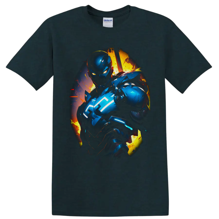Iron Man in blue futuristic armor with glowing cyan energy and fiery comic explosion on a Midnight (Green) T Shirt