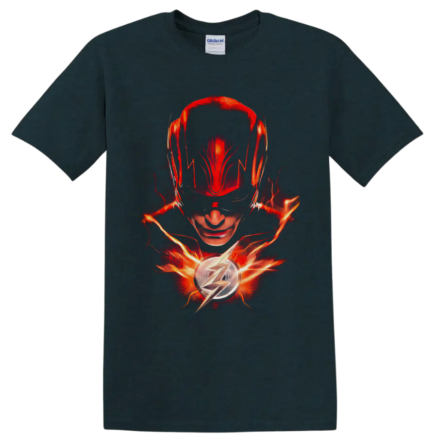 The Flash Barry Allen portrait with glowing lightning and chest emblem on a Midnight (Green) T Shirt