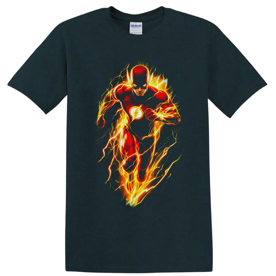 The Flash Barry Allen comic art sprinting through glowing yellow-orange lightning on a Midnight (Green) T Shirt