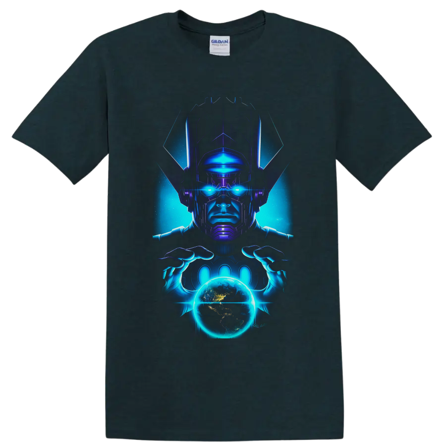 Galactus cosmic comic artwork with glowing blue eyes holding a radiant planet on a Midnight (Green) T Shirt