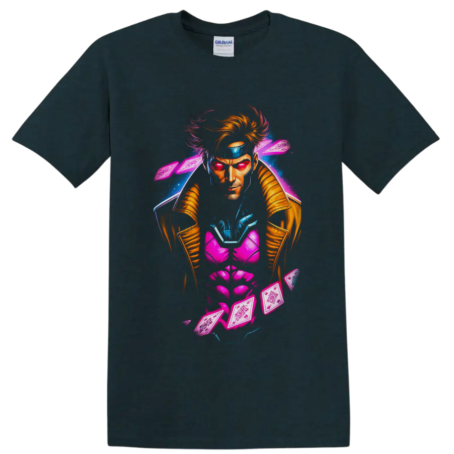 Gambit neon comic portrait with glowing playing cards and blue energy effects on a Midnight (Green) T Shirt