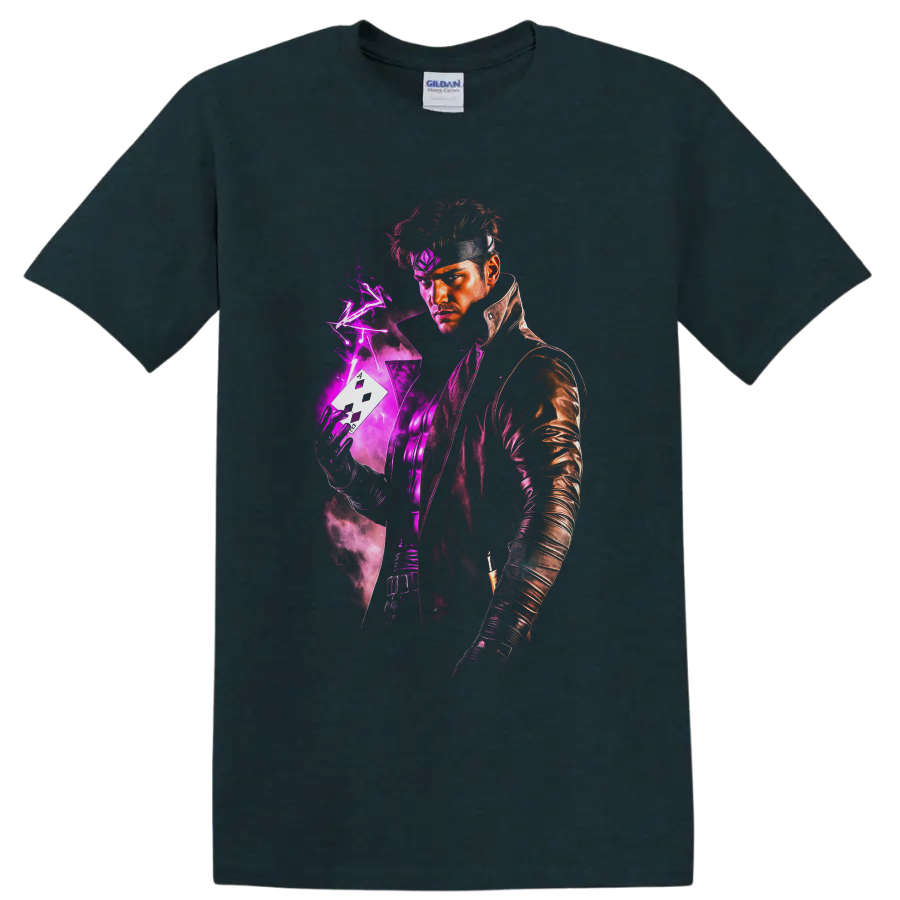 Gambit portrait with charged playing card, purple lightning, and neon comic energy on a Midnight (Green) T Shirt