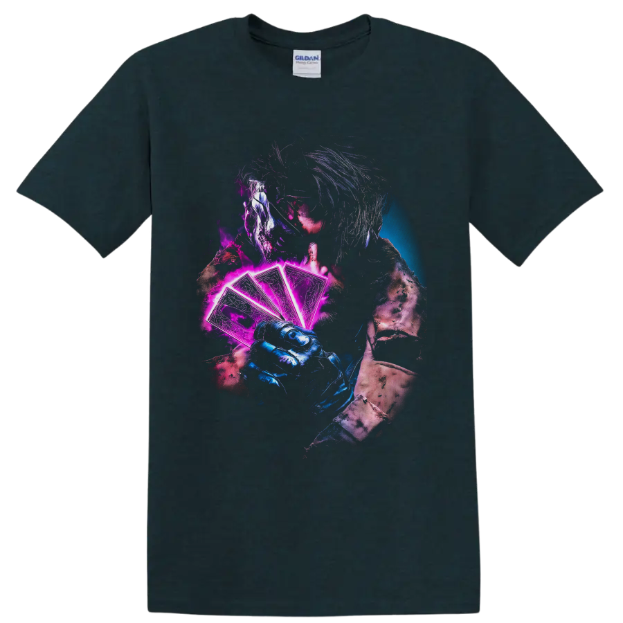 Gambit holding glowing neon playing cards in a gritty blue and magenta comic art style on a Midnight (Green) T Shirt