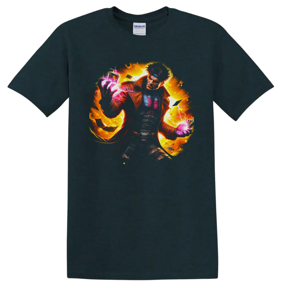 Gambit with glowing charged cards, lightning, and fiery comic-style action art on a Midnight (Green) T Shirt