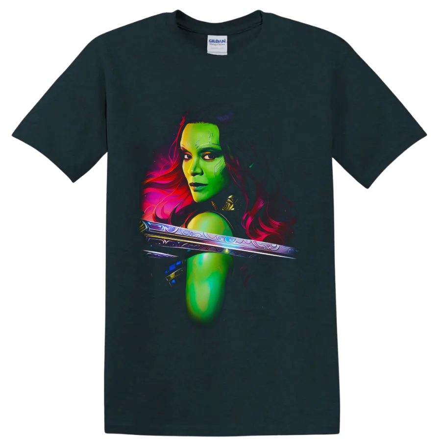 Gamora cosmic sword warrior portrait in vivid neon sci-fi digital art on a Midnight (Green) T Shirt