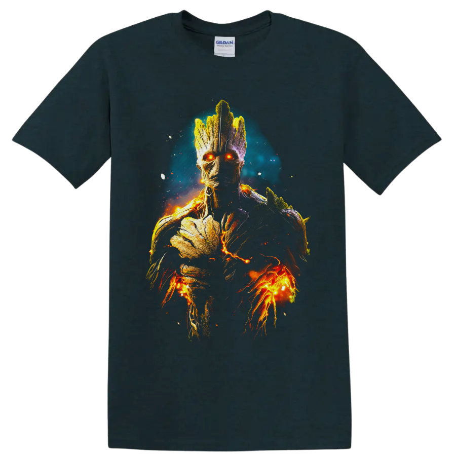 Fiery cosmic Groot portrait with glowing orange eyes, bark texture, sparks, and teal halo on a Midnight (Green) T Shirt