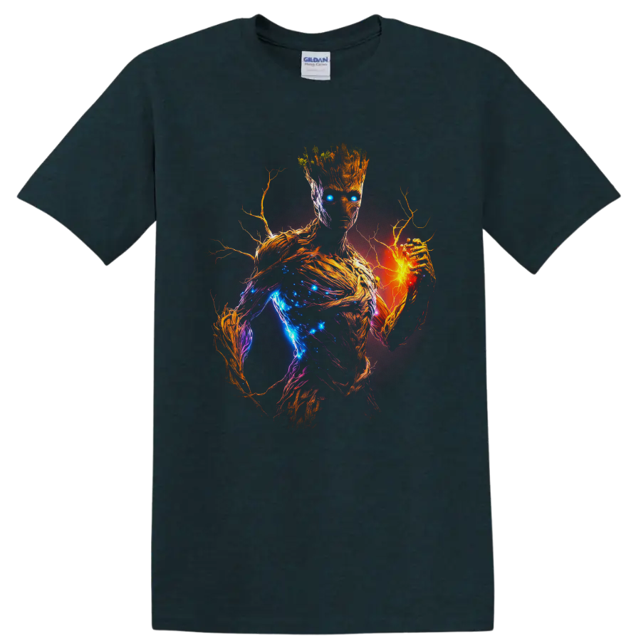 Groot cosmic neon portrait with glowing blue energy, fiery orange hand, and branching bark on a Midnight (Green) T Shirt