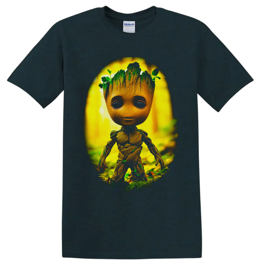 Baby Groot in a glowing forest with moss, vines, leaves, and detailed wood-grain texture on a Midnight (Green) T Shirt
