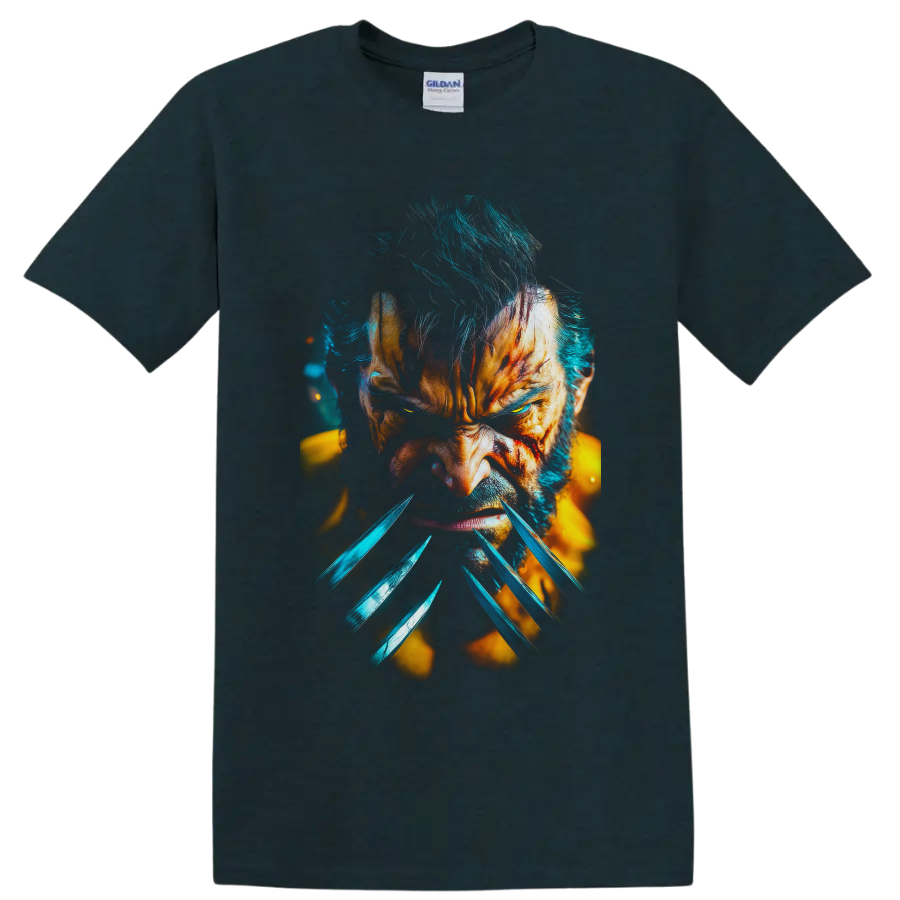 Wolverine Logan clawed close-up portrait in vivid teal and golden action art on a Midnight (Green) T Shirt