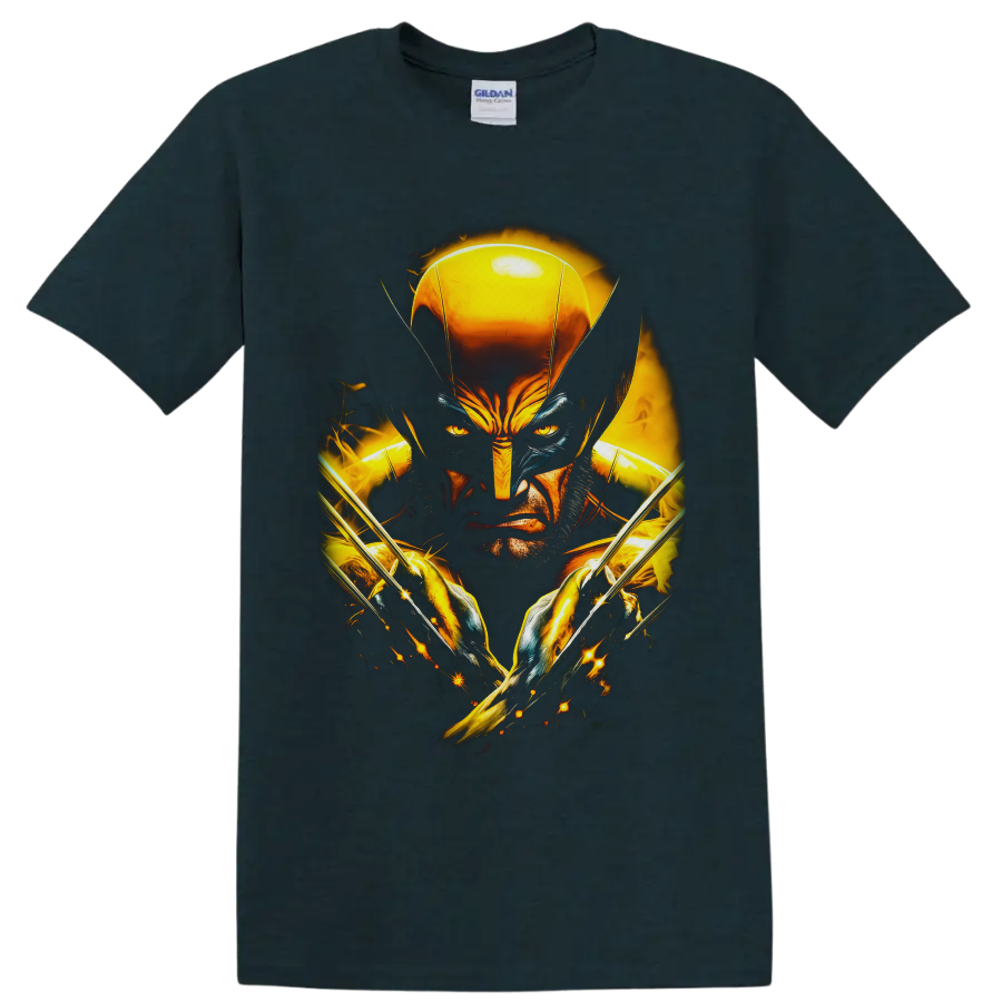 Wolverine Logan portrait with gold mask, crossed claws, sparks, and fiery superhero art on a Midnight (Green) T Shirt