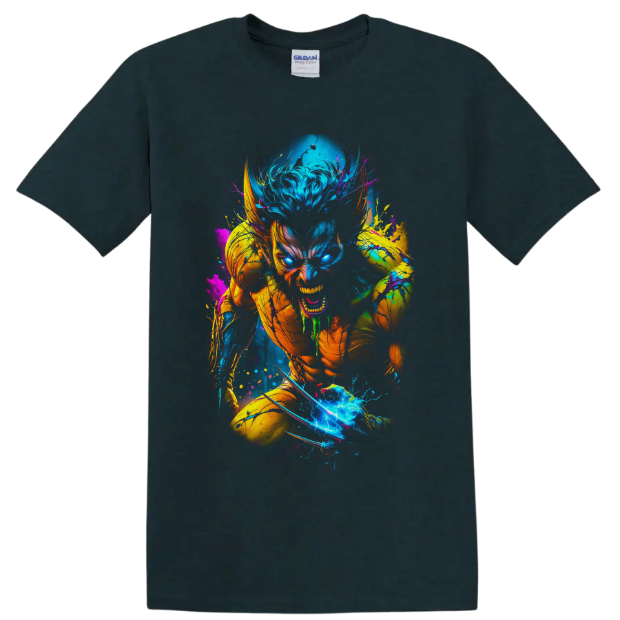 Wolverine neon comic action art with claws, glowing eyes, and electric paint splashes on a Midnight (Green) T Shirt