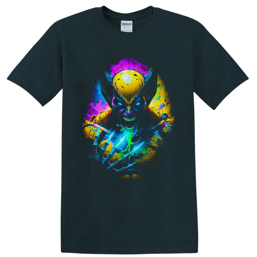 Wolverine neon comic portrait with glowing claws, lightning, and paint splatters on a Midnight (Green) T Shirt