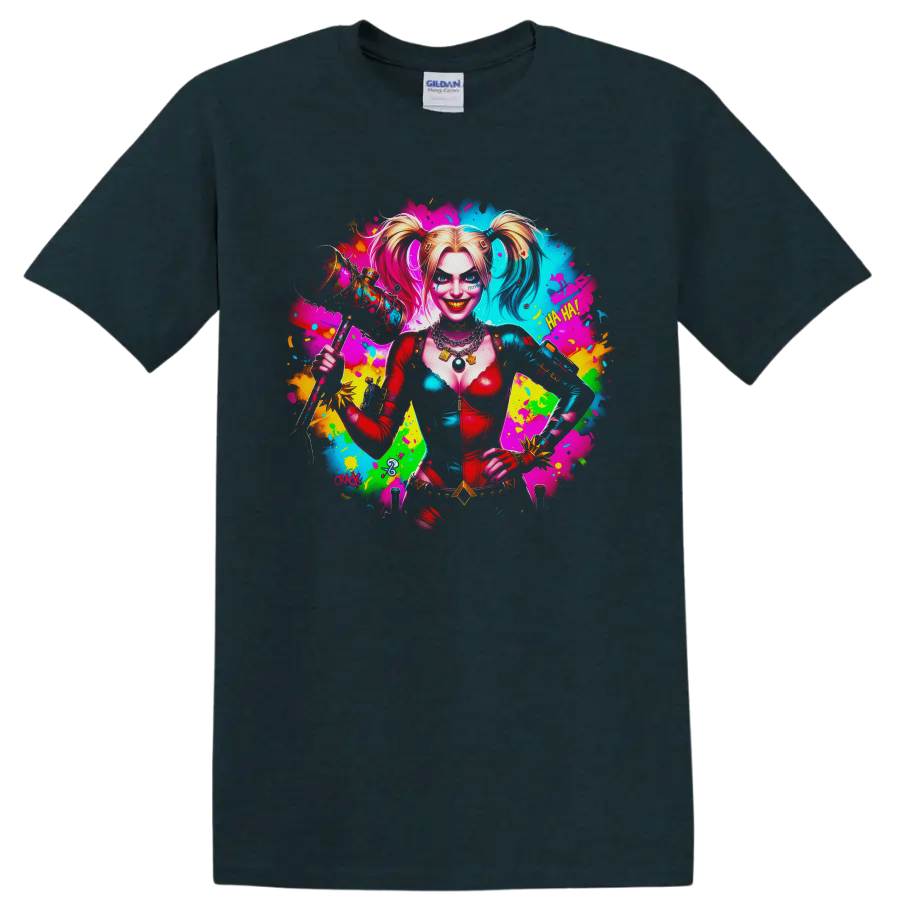 Harley Quinn neon pop art portrait with mallet, cards, and colorful paint splashes on a Midnight (Green) T Shirt