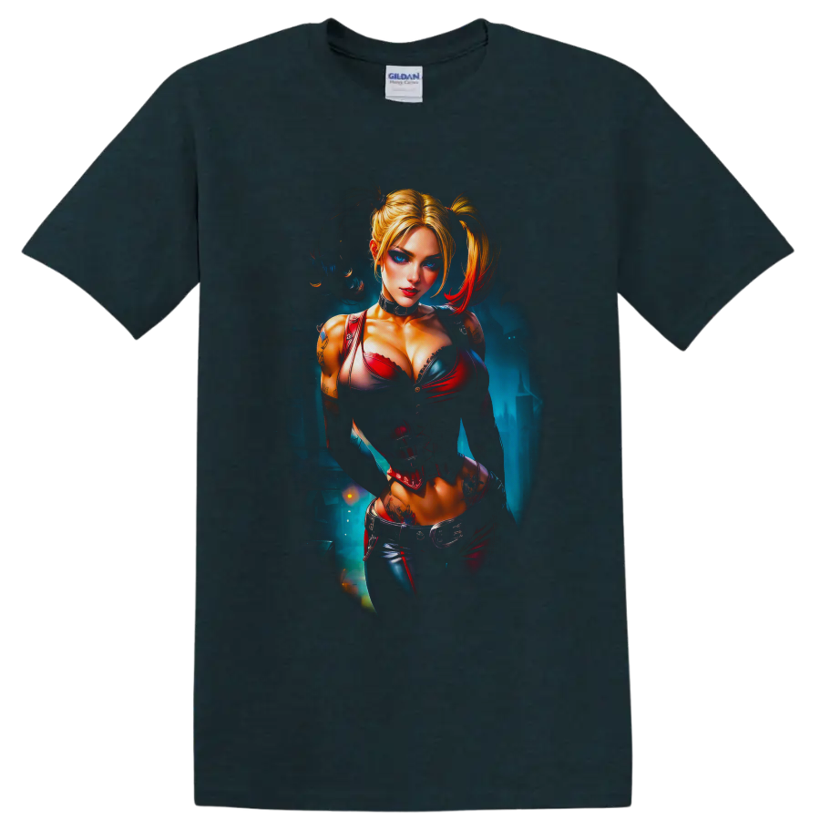 Harley Quinn portrait in red and blue corset art with blonde pigtails on a Midnight (Green) T Shirt
