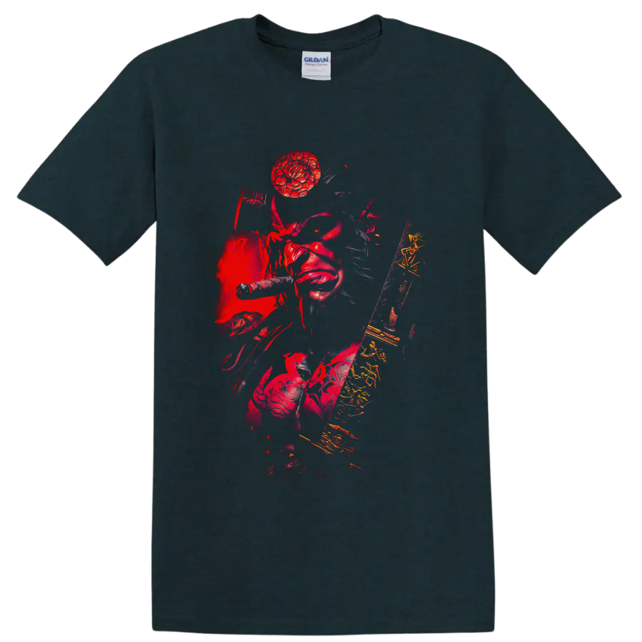 Hellboy red demon with revolver, sword, stone hand, and distressed gothic comic art on a Midnight (Green) T Shirt