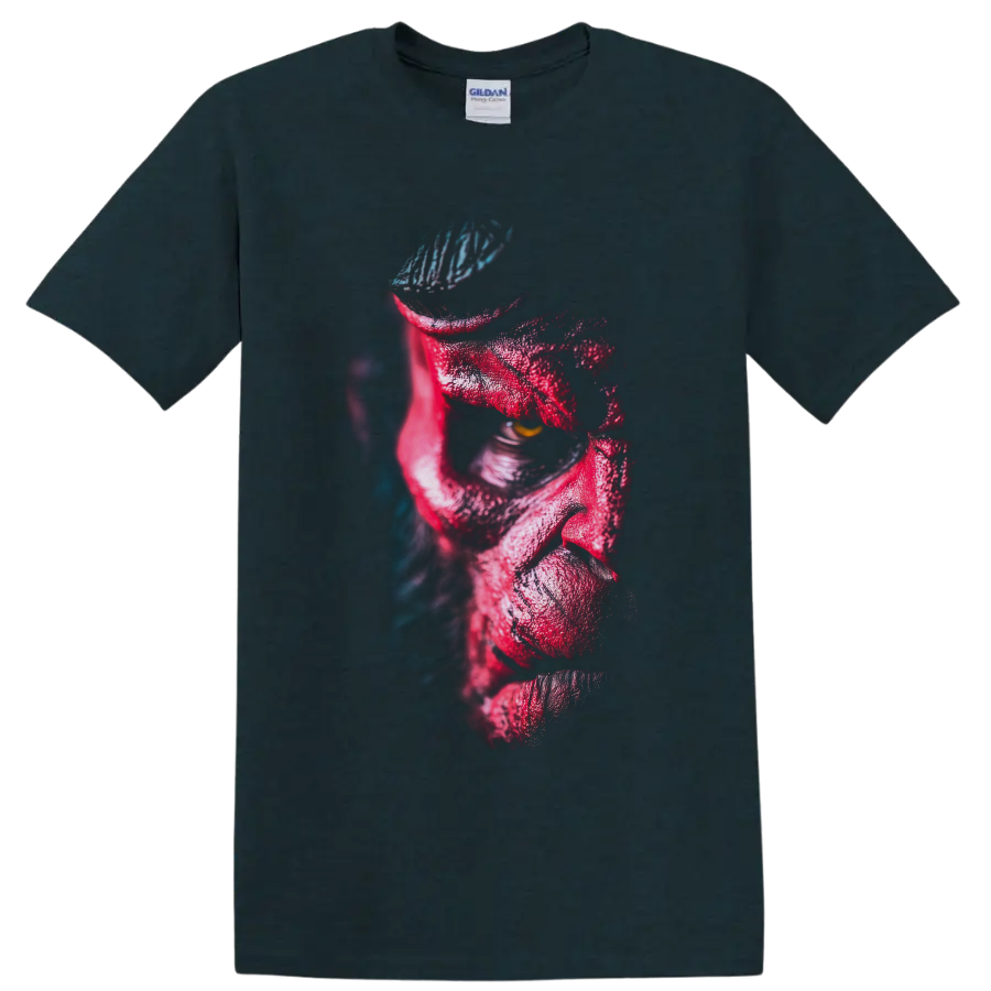 Hellboy red demon portrait with golden eye and blue-lit textured shadows on a Midnight (Green) T Shirt