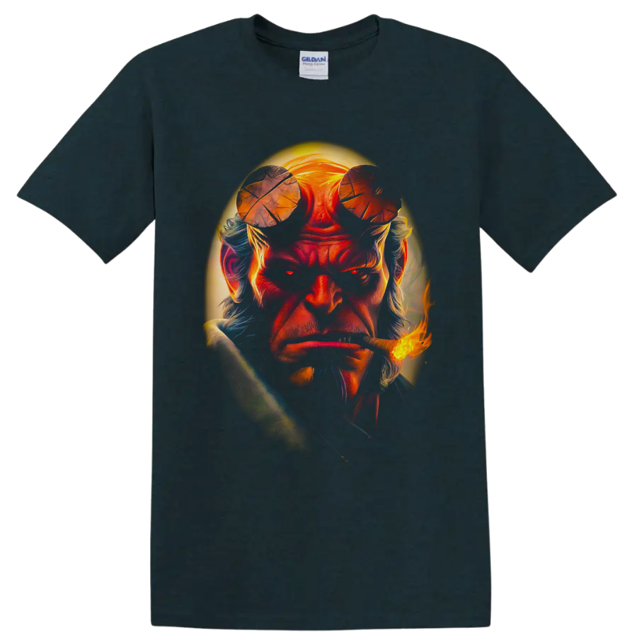 Hellboy dark fantasy portrait with cropped horns, glowing halo, and flaming pipe on a Midnight (Green) T Shirt