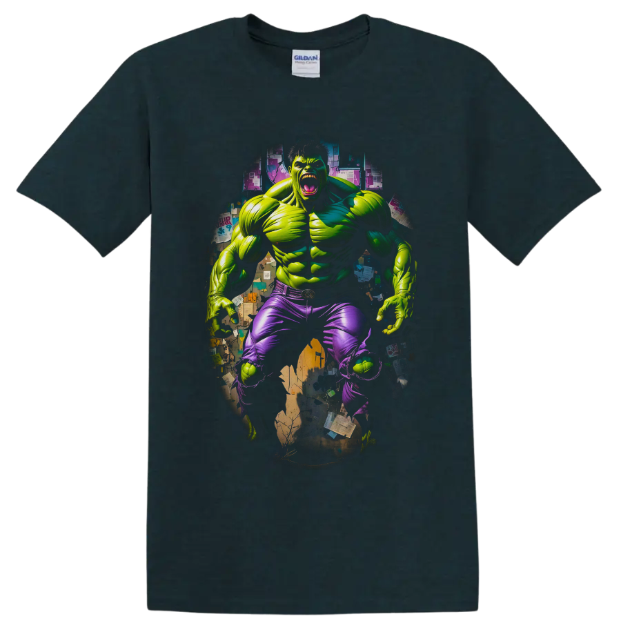 Hulk roaring superhero comic art with torn purple pants and gritty collage backdrop on a Midnight (Green) T Shirt