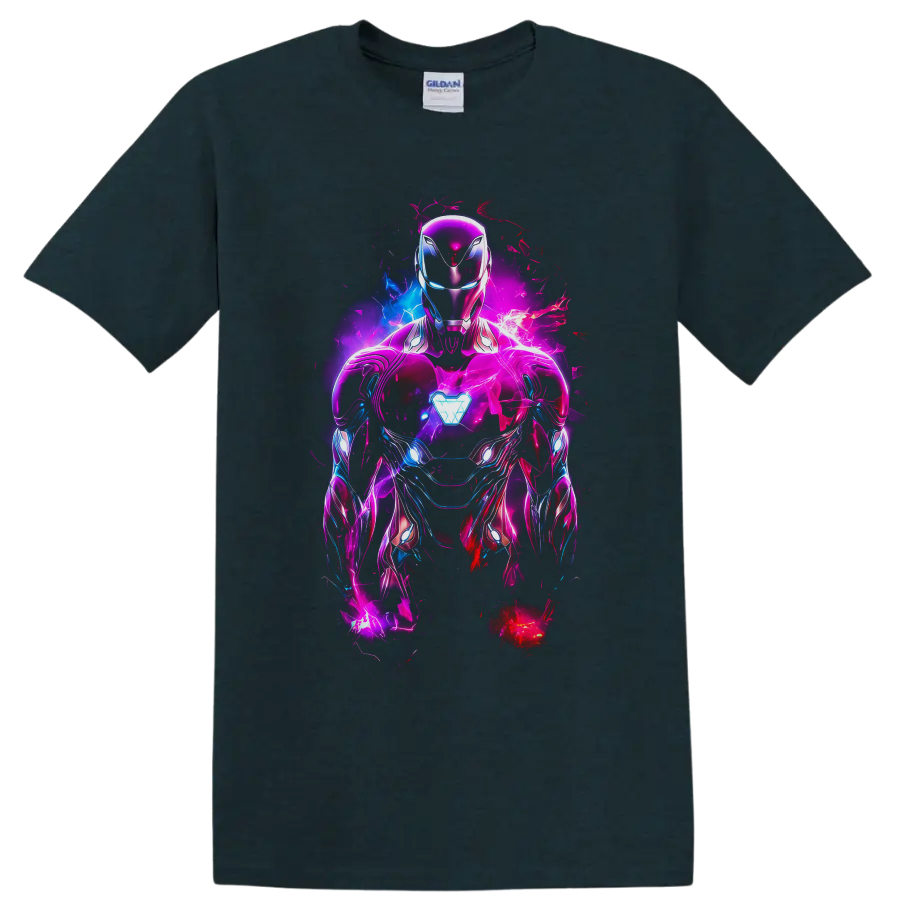 Iron Man in neon pink and blue armor with glowing arc reactor and electric comic effects on a Midnight (Green) T Shirt