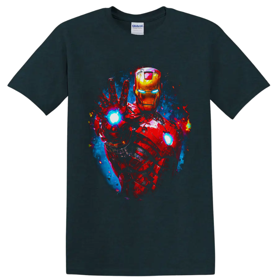 Iron Man red and gold armor with glowing arc reactor and raised repulsor comic art on a Midnight (Green) T Shirt