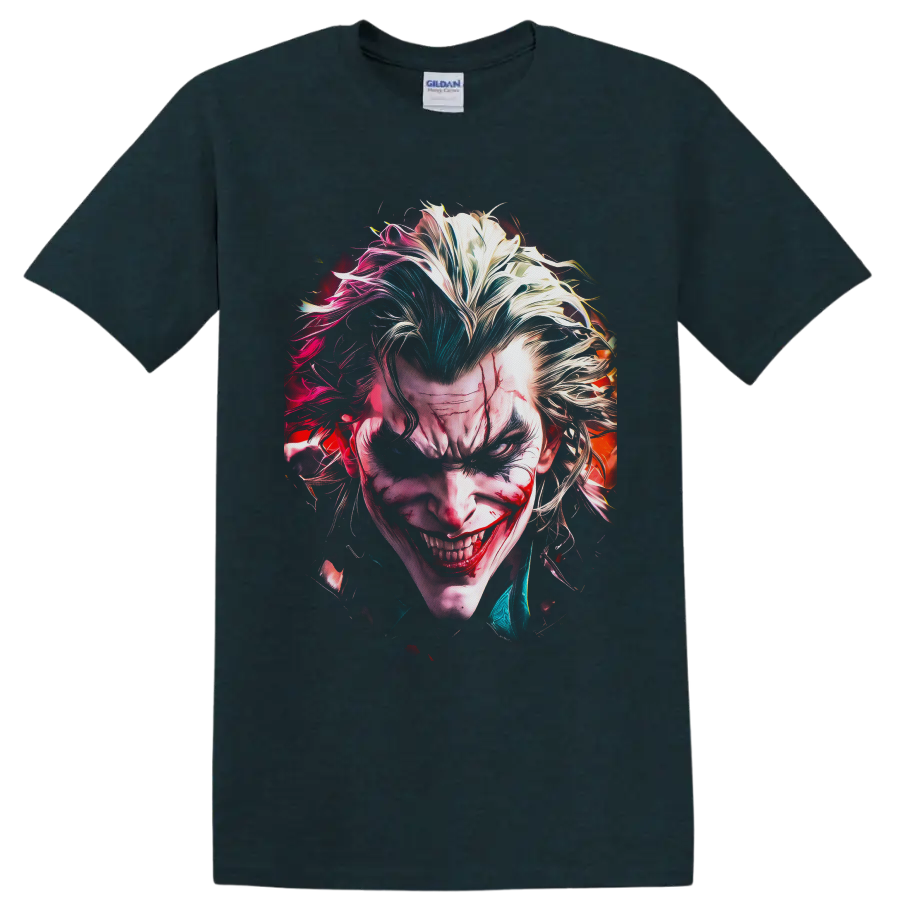 Joker sinister portrait with wild multicolor hair and a chilling comic horror grin on a Midnight (Green) T Shirt