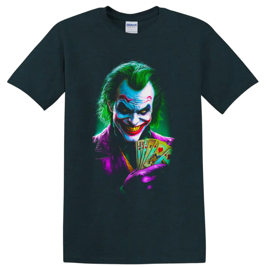 Joker comic-style portrait with green hair, purple suit, sinister grin, and playing cards on a Midnight (Green) T Shirt