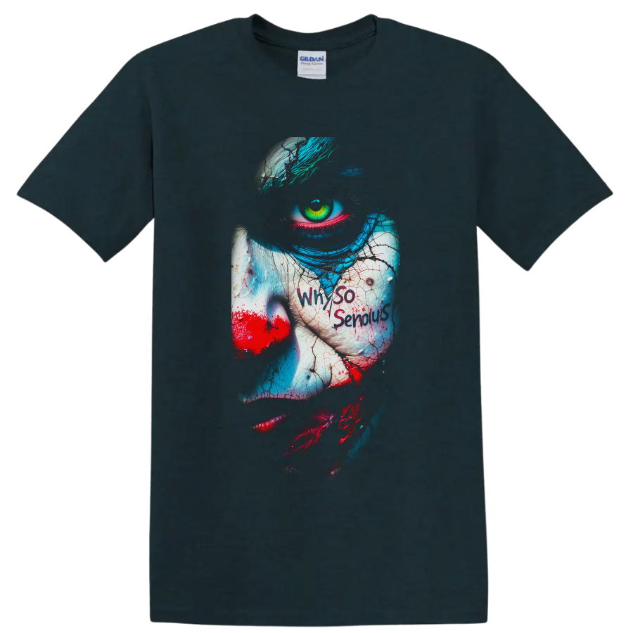 Joker horror clown close-up with green eye, teal hair, red lips, and cracked paint on a Midnight (Green) T Shirt