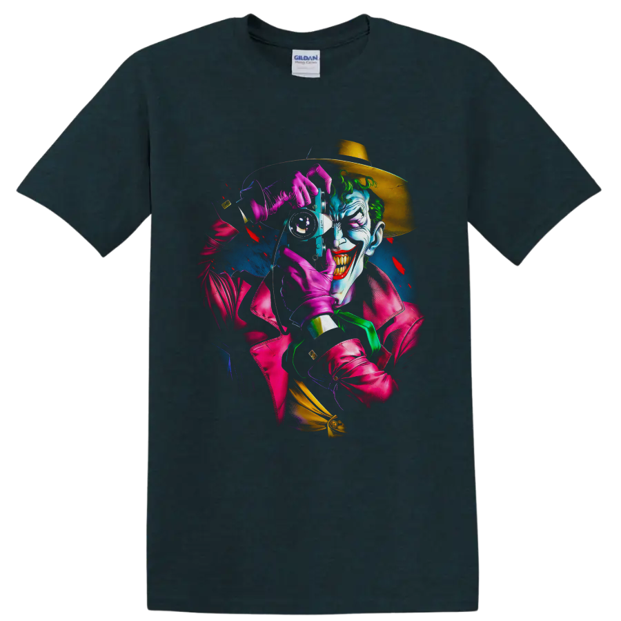 Neon Joker camera portrait with golden hat, pink gloves, and graphic novel styling on a Midnight (Green) T Shirt