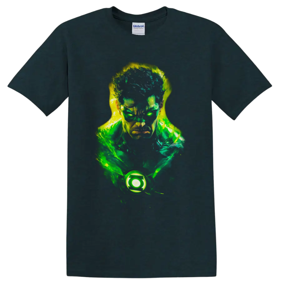 Hal Jordan Green Lantern neon portrait with glowing emblem and energy effects on a Midnight (Green) T Shirt