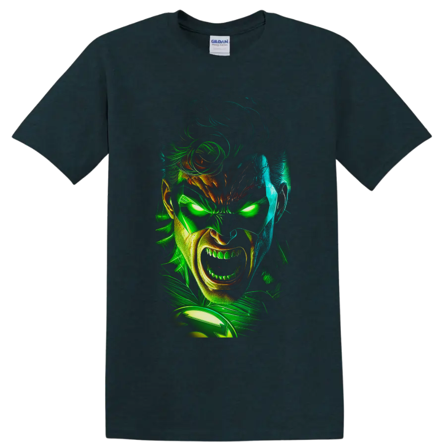 Guy Gardner as Green Lantern in neon comic portrait with glowing eyes and energy swirls on a Midnight (Green) T Shirt