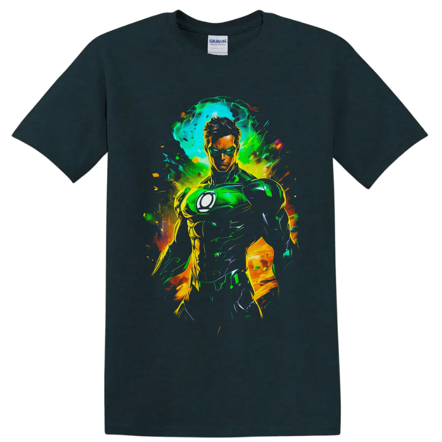 Kyle Rayner as White Lantern in neon comic art with green energy and paint splashes on a Midnight (Green) T Shirt