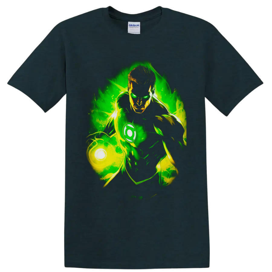 Hal Jordan Green Lantern comic art with glowing power ring and swirling green energy on a Midnight (Green) T Shirt