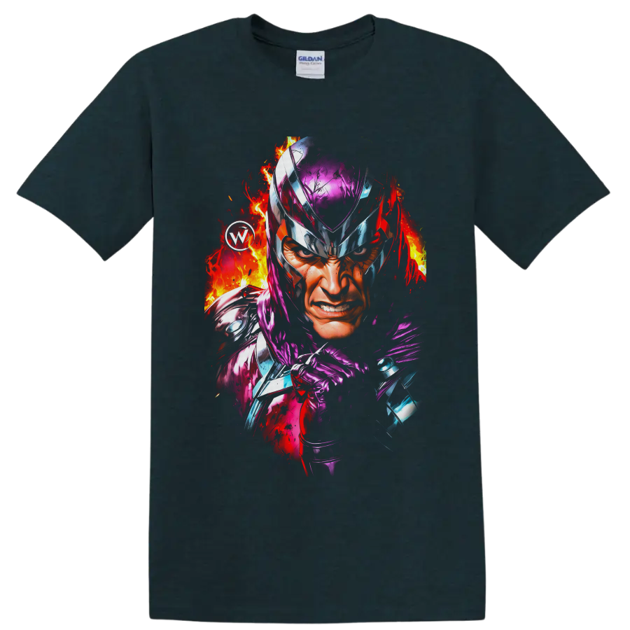 Magneto fiery helmet portrait with purple armor and comic-style flame splashes on a Midnight (Green) T Shirt