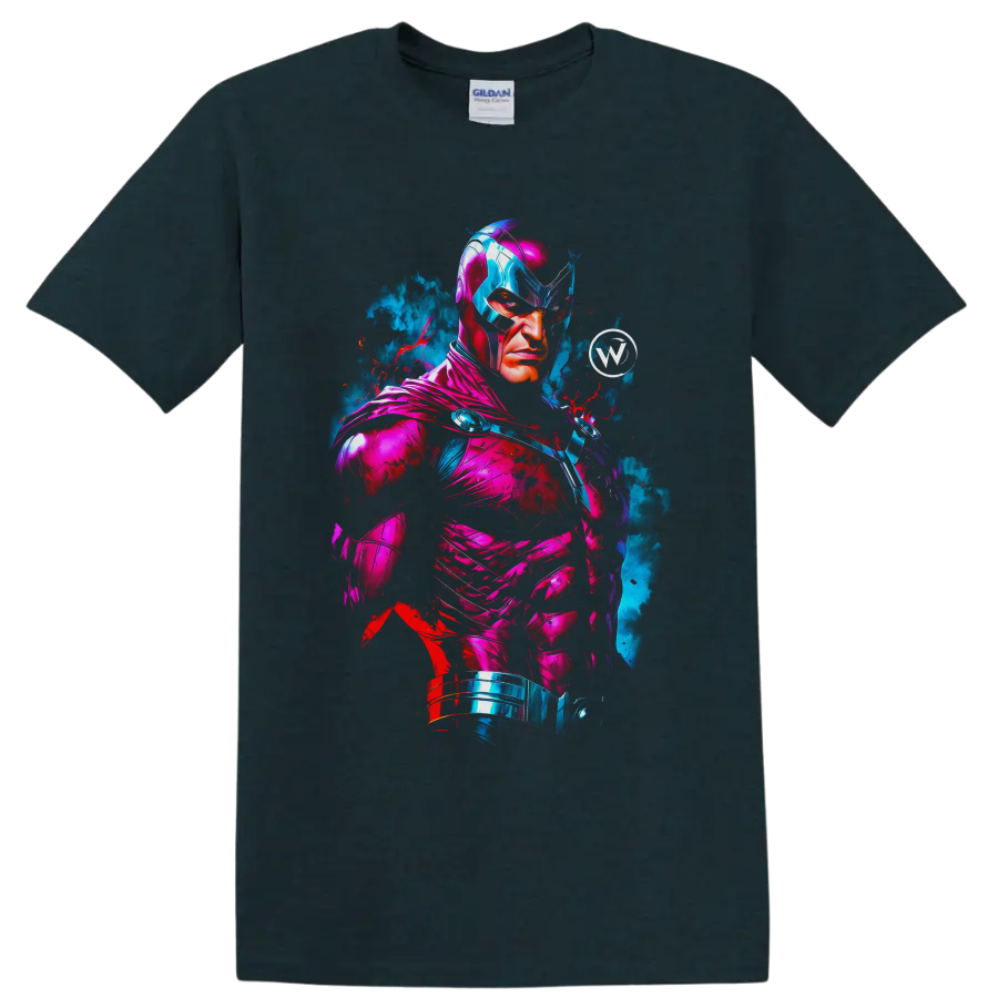Citizen Steel neon armored superhero portrait with blue smoke and red paint splatters on a Midnight (Green) T Shirt