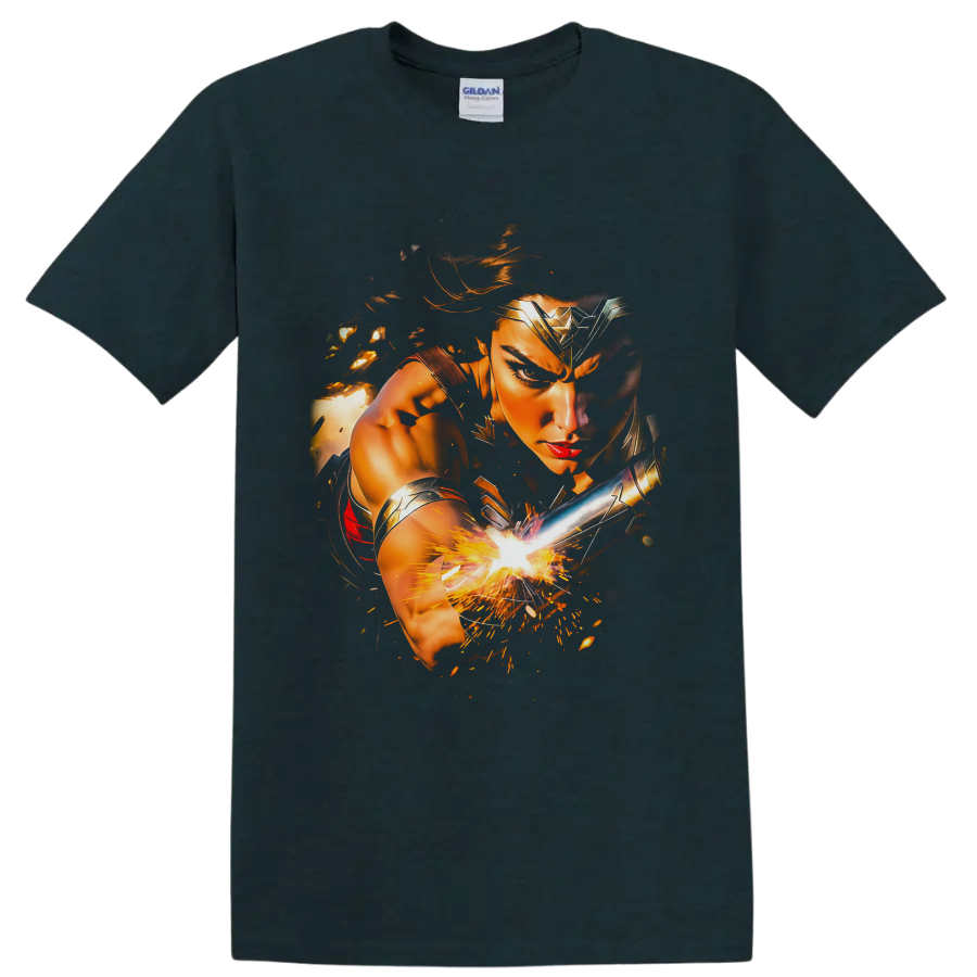 Wonder Woman warrior portrait with golden armor, silver bracer, and fiery battle sparks on a Midnight (Green) T Shirt