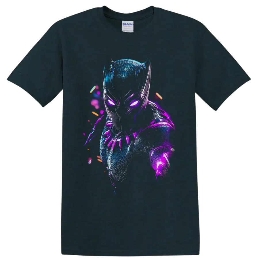 Black Panther T'Challa neon cyberpunk portrait with glowing blue and purple armor on a Midnight (Green) T Shirt