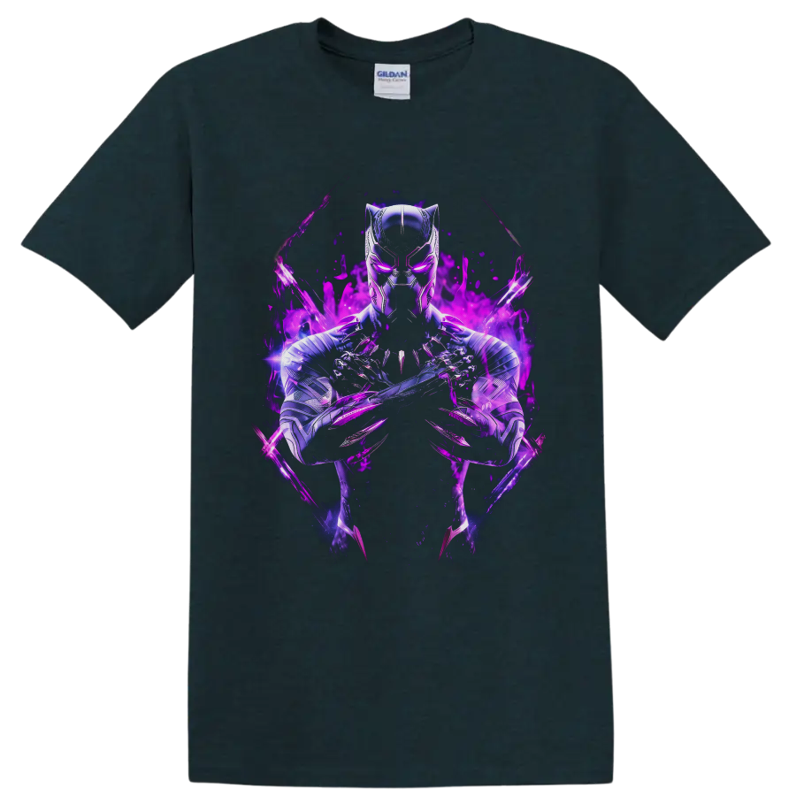 Black Panther T'Challa in metallic armor with crossed claws and glowing purple energy on a Midnight (Green) T Shirt