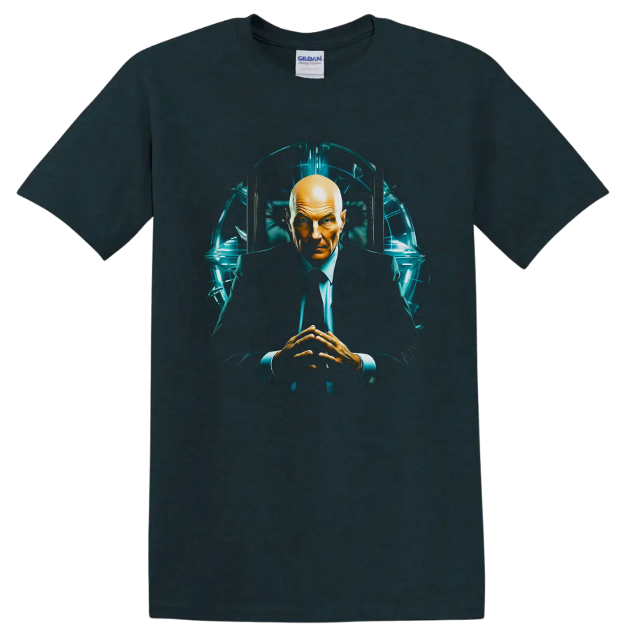 Professor X seated in a futuristic teal-lit chamber, cinematic sci-fi portrait artwork on a Midnight (Green) T Shirt